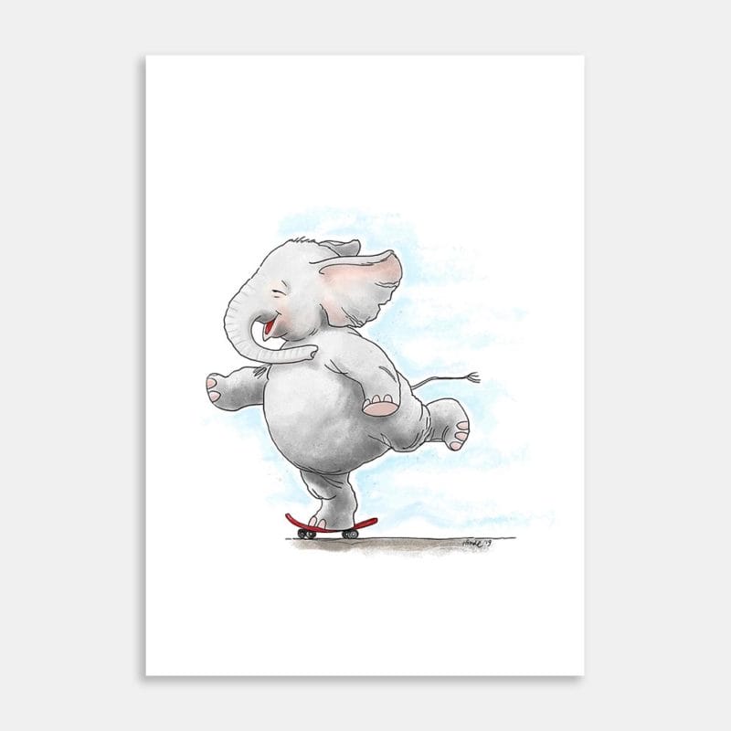 Elephant Skateboarding Art Print By Deborah Hinde