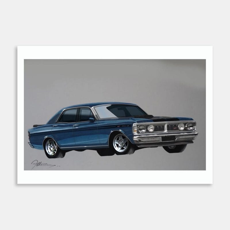 1971 Ford Falcon GTHO Blue Art Print By Fred Otene