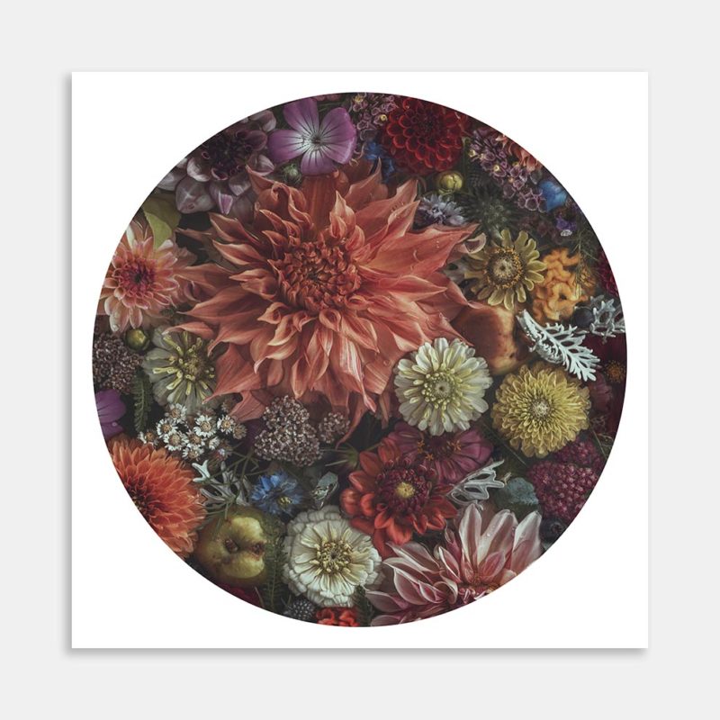Dahlias and Fruits Round Art Print by Marina de Wit
