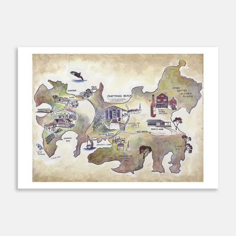 Waiheke Map Art Print By Sarah-Jane Smith