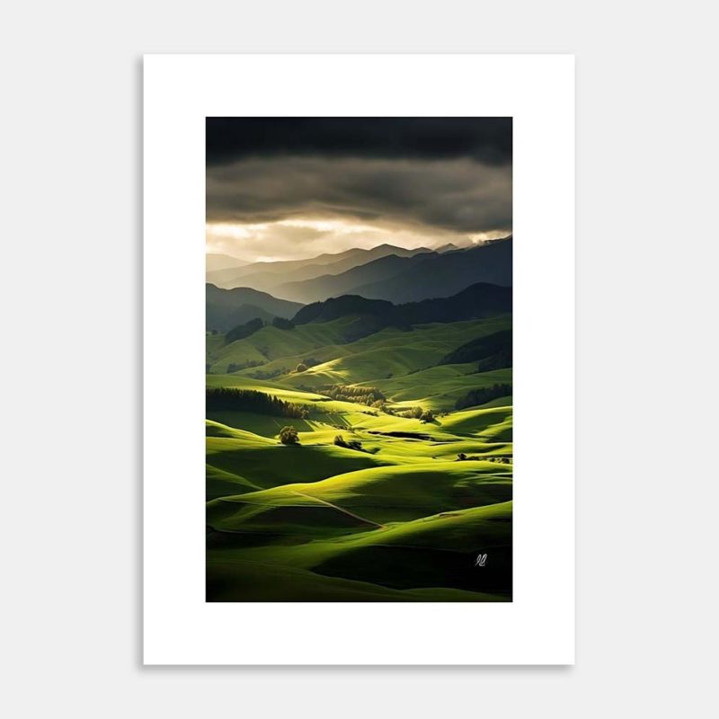 Sun lit Hills Art Print by Hiriwā Digital Art