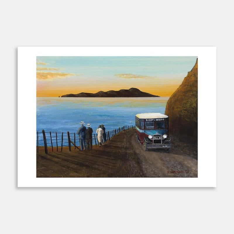 Sunset bus tour on the Paekākāriki Hill Road c1930s Art Print By Roly Hermans