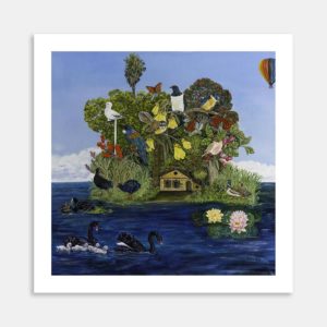 NZ Birds and a Weta Adrift on Pupuke Art Print By Robyn Moxey